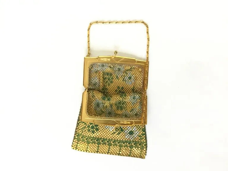 1920s Whiting and Davis Floral Enamel Gold Art Deco Mesh Purse