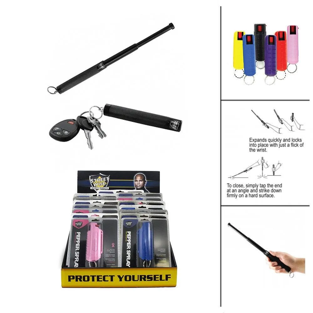 24 Units 12" Expandable Baton with Key Ring and Pepper Spray Bundled