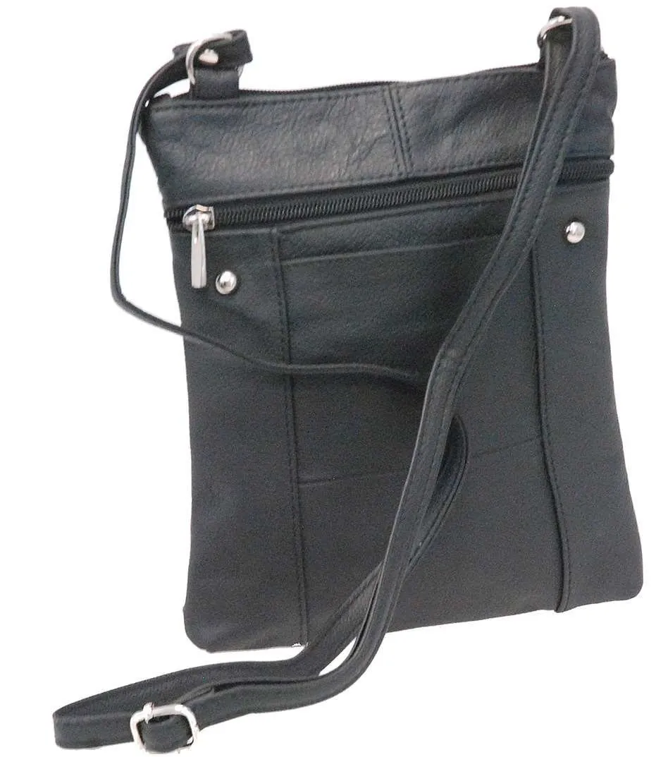 9'' Large Black Leather Side Bag Purse w/Organizer Front Pocket #P004K