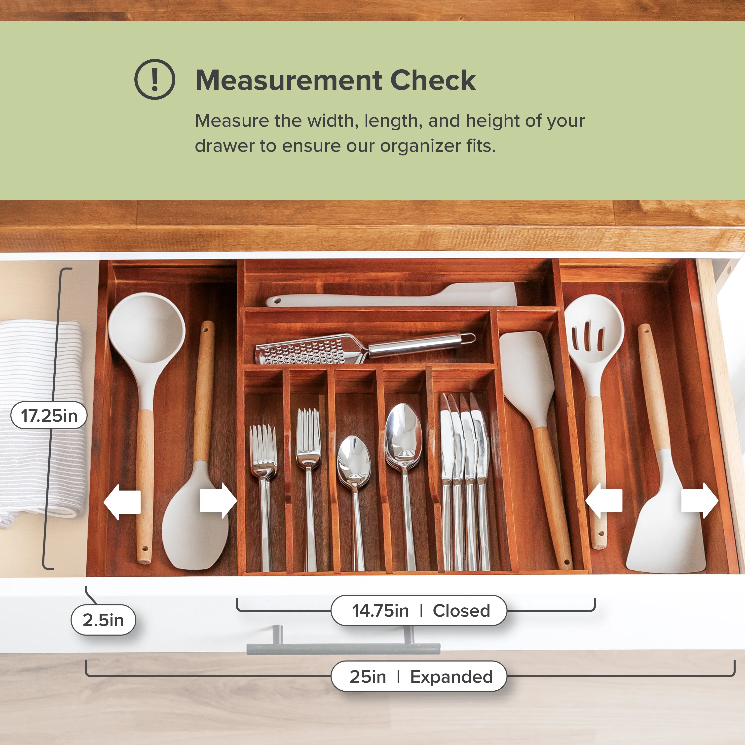 Acacia Drawer Organizer for Silverware & Utensils (Expands 14.75-25in)