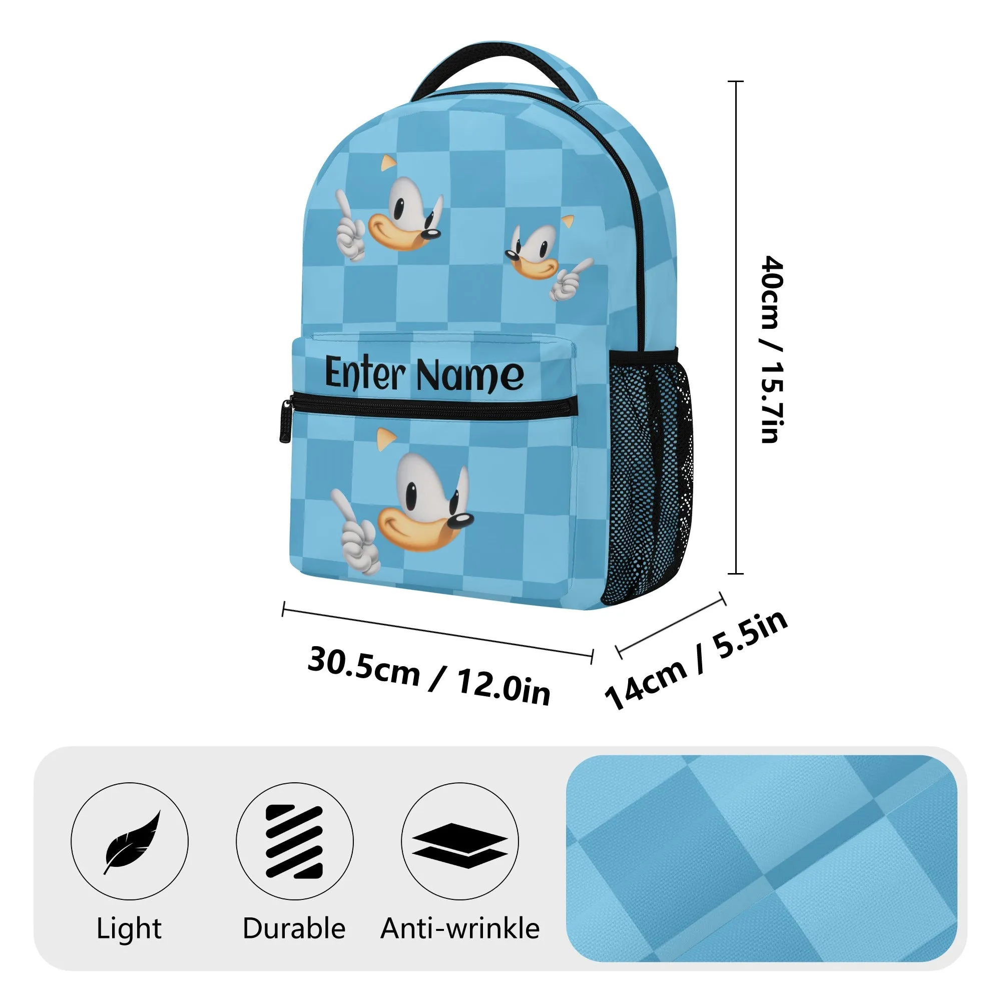 Back to School Supplies: Stylish & Durable Book Bags & Backpacks for Kids and Tweens. Blue Checks Sonic pattern