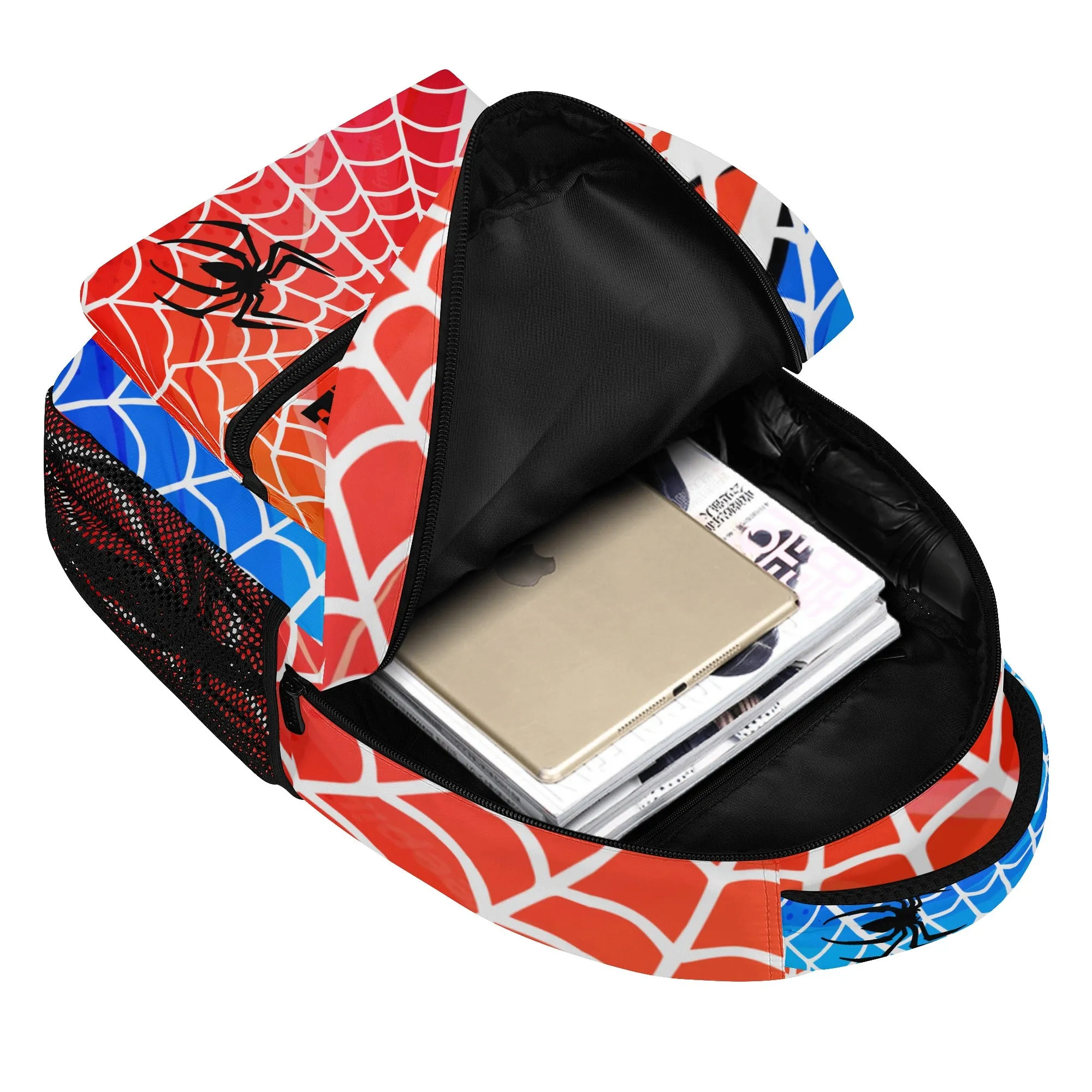 Back to School Supplies: Stylish & Durable Book Bags & Backpacks for Kids and Tweens. Bright Blue and Red Spider pattern