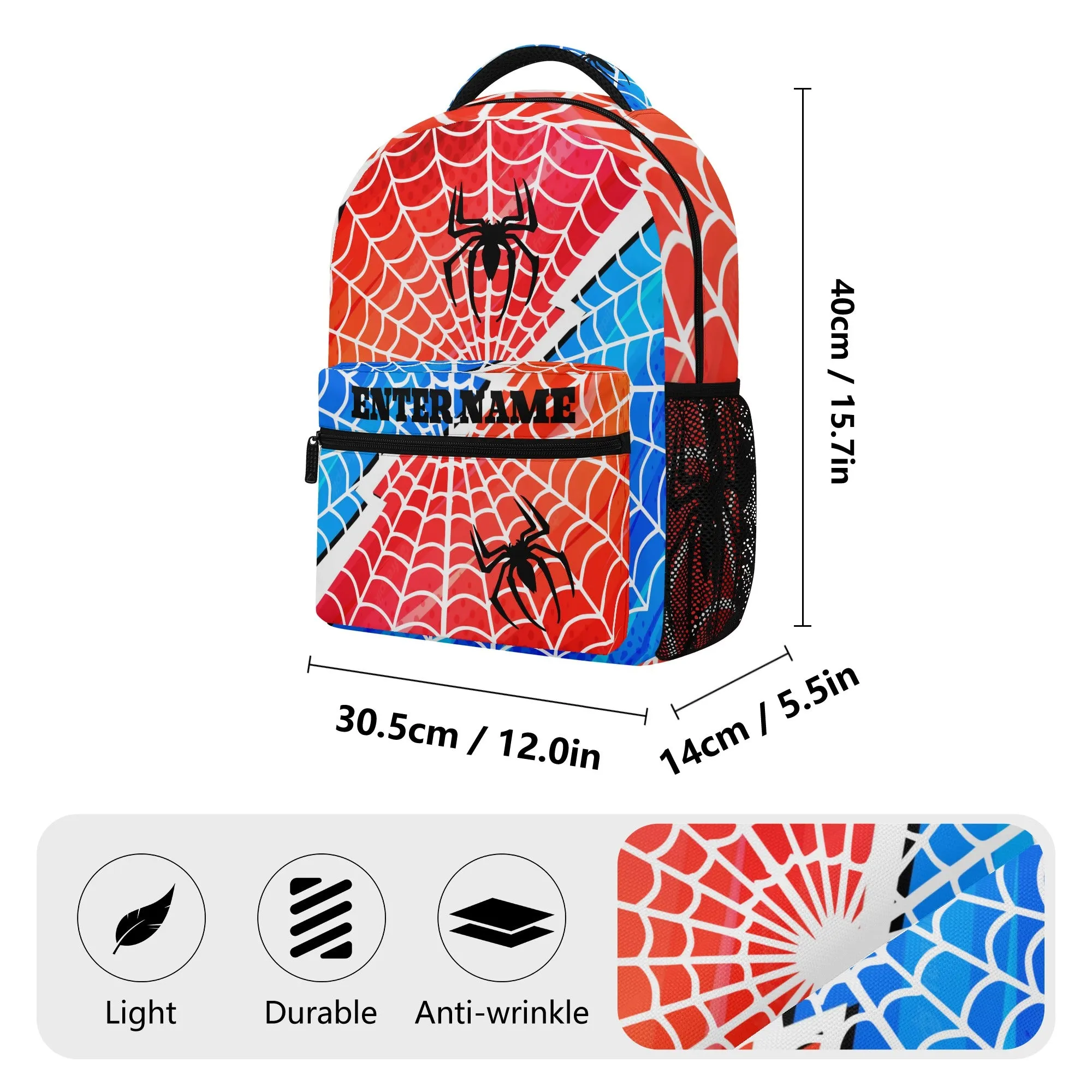 Back to School Supplies: Stylish & Durable Book Bags & Backpacks for Kids and Tweens. Bright Blue and Red Spider pattern