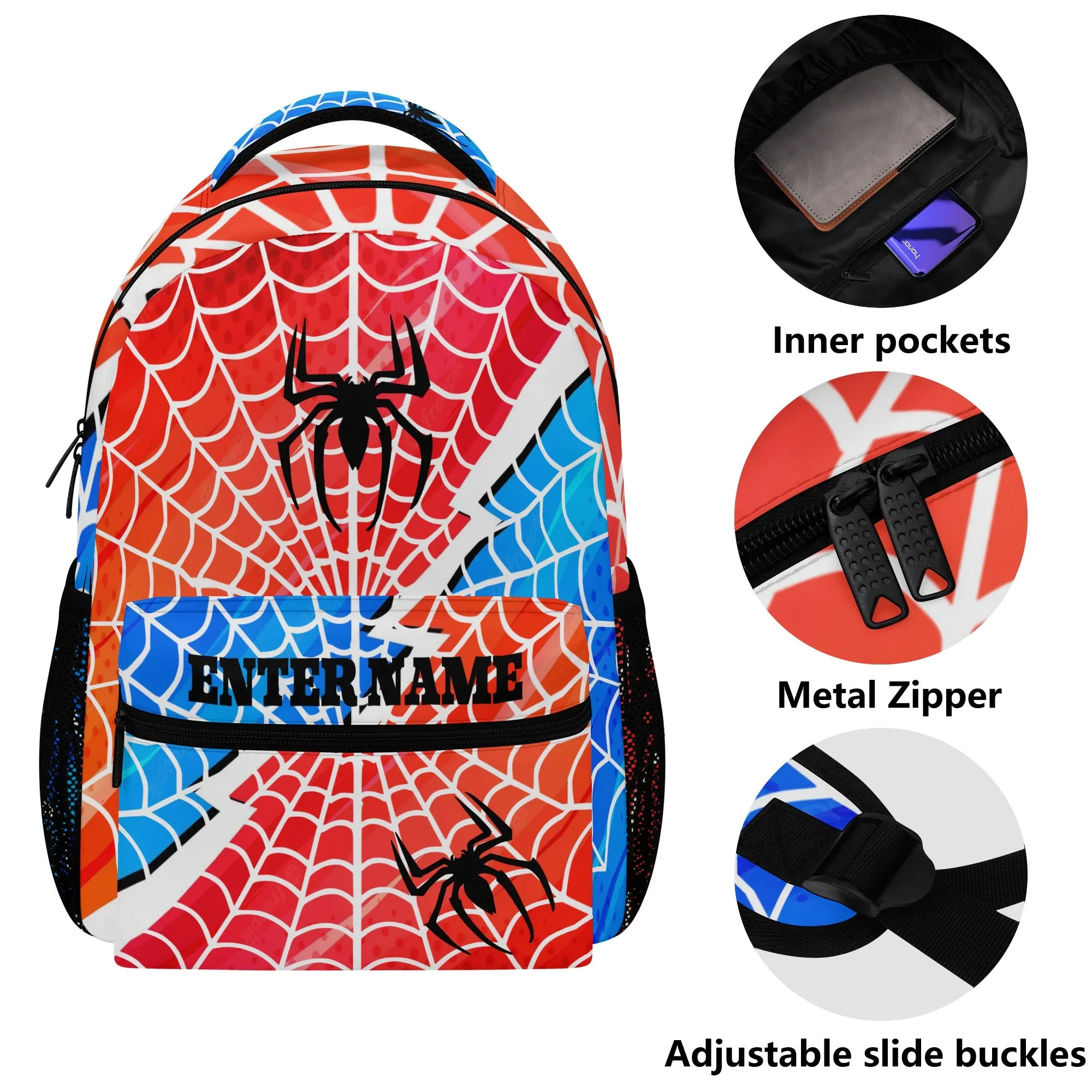 Back to School Supplies: Stylish & Durable Book Bags & Backpacks for Kids and Tweens. Bright Blue and Red Spider pattern