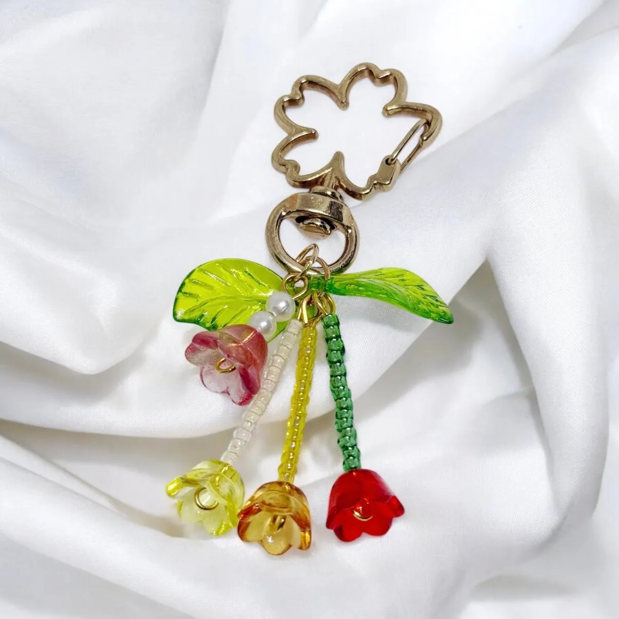 Beaded flowers bag charm | key chain | golden chain with flowers and leaf