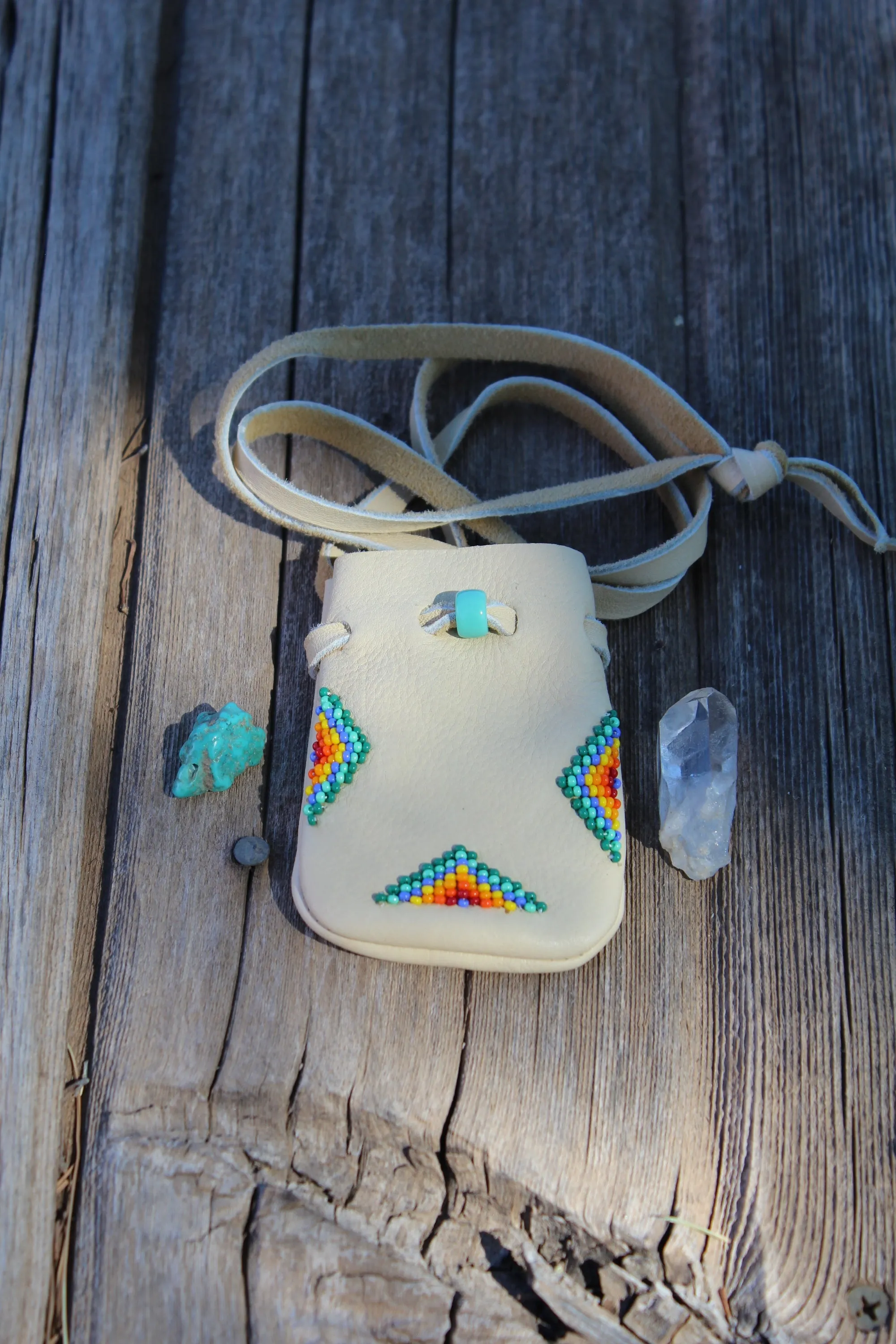 beaded medicine bag, buckskin leather bag