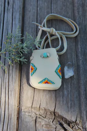 beaded medicine bag, buckskin leather bag