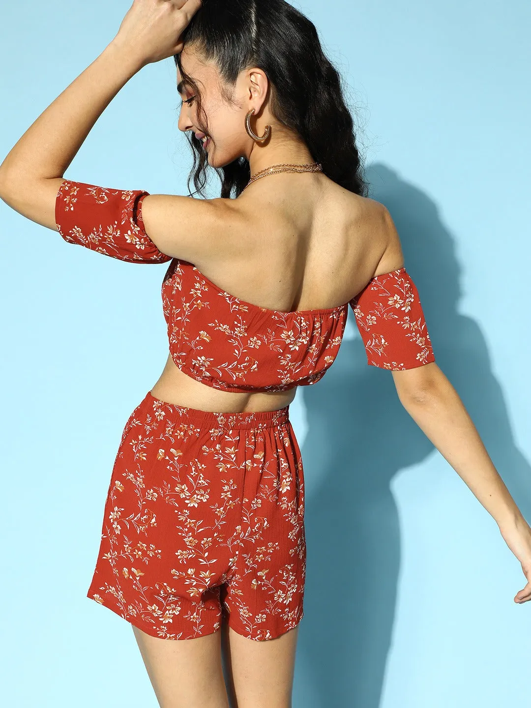 Berrylush Women Rust Red & White Floral Printed Off-Shoulder Neck Elastic Waist Crop Top & Shorts Co-Ordinate Set