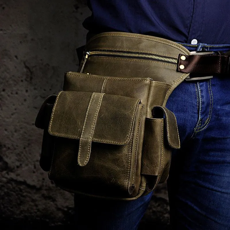 Biker Mens Leather Drop Leg Bag Waist Bag Side Bag Belt Pouch Pack for Men