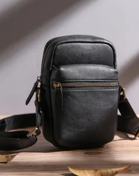 Black Leather MENS Small Vertical Side Bag Brown Messenger Bag Mobile Bag For Men