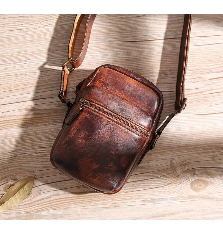 Black Leather MENS Small Vertical Side Bag Brown Messenger Bag Mobile Bag For Men