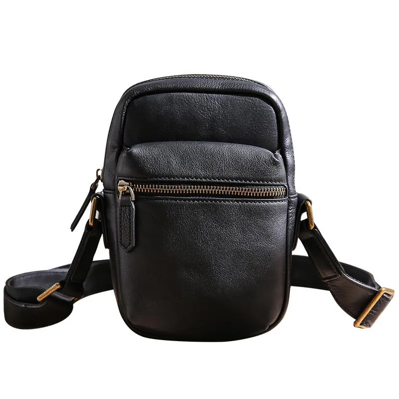 Black Leather MENS Small Vertical Side Bag Brown Messenger Bag Mobile Bag For Men