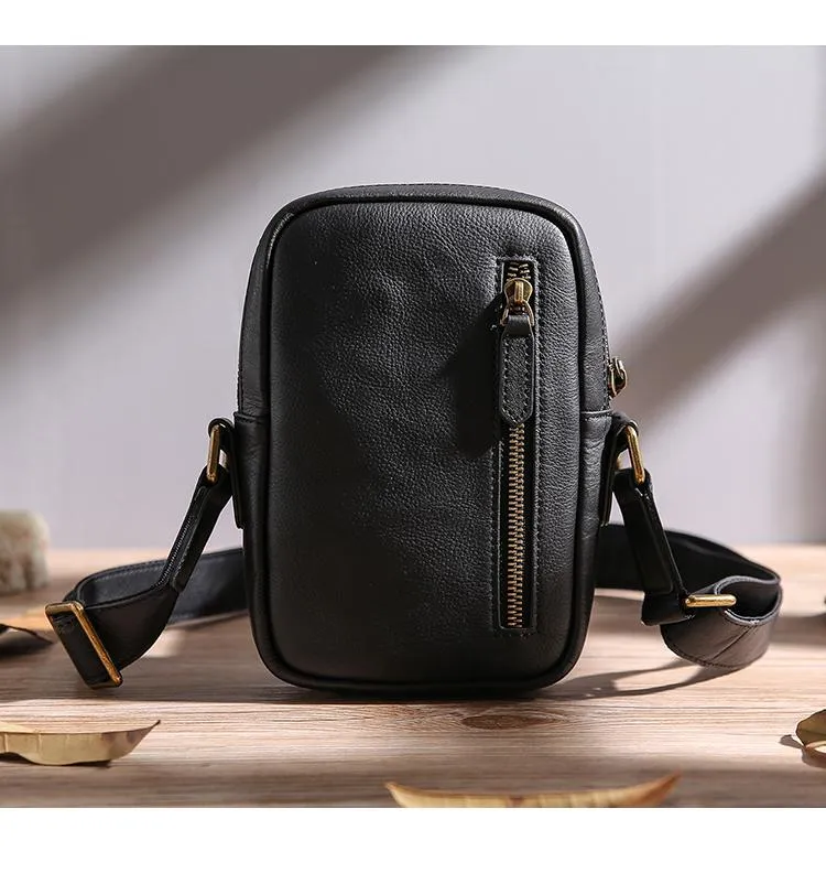 Black Leather MENS Small Vertical Side Bag Brown Messenger Bag Mobile Bag For Men