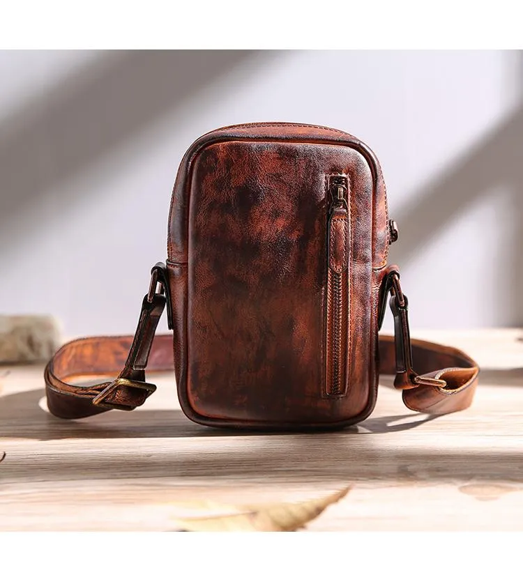 Black Leather MENS Small Vertical Side Bag Brown Messenger Bag Mobile Bag For Men