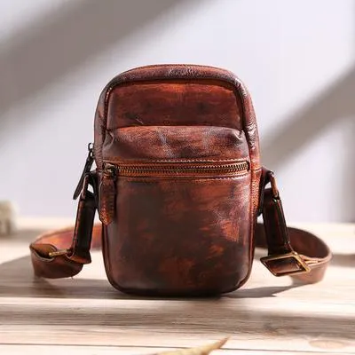 Black Leather MENS Small Vertical Side Bag Brown Messenger Bag Mobile Bag For Men