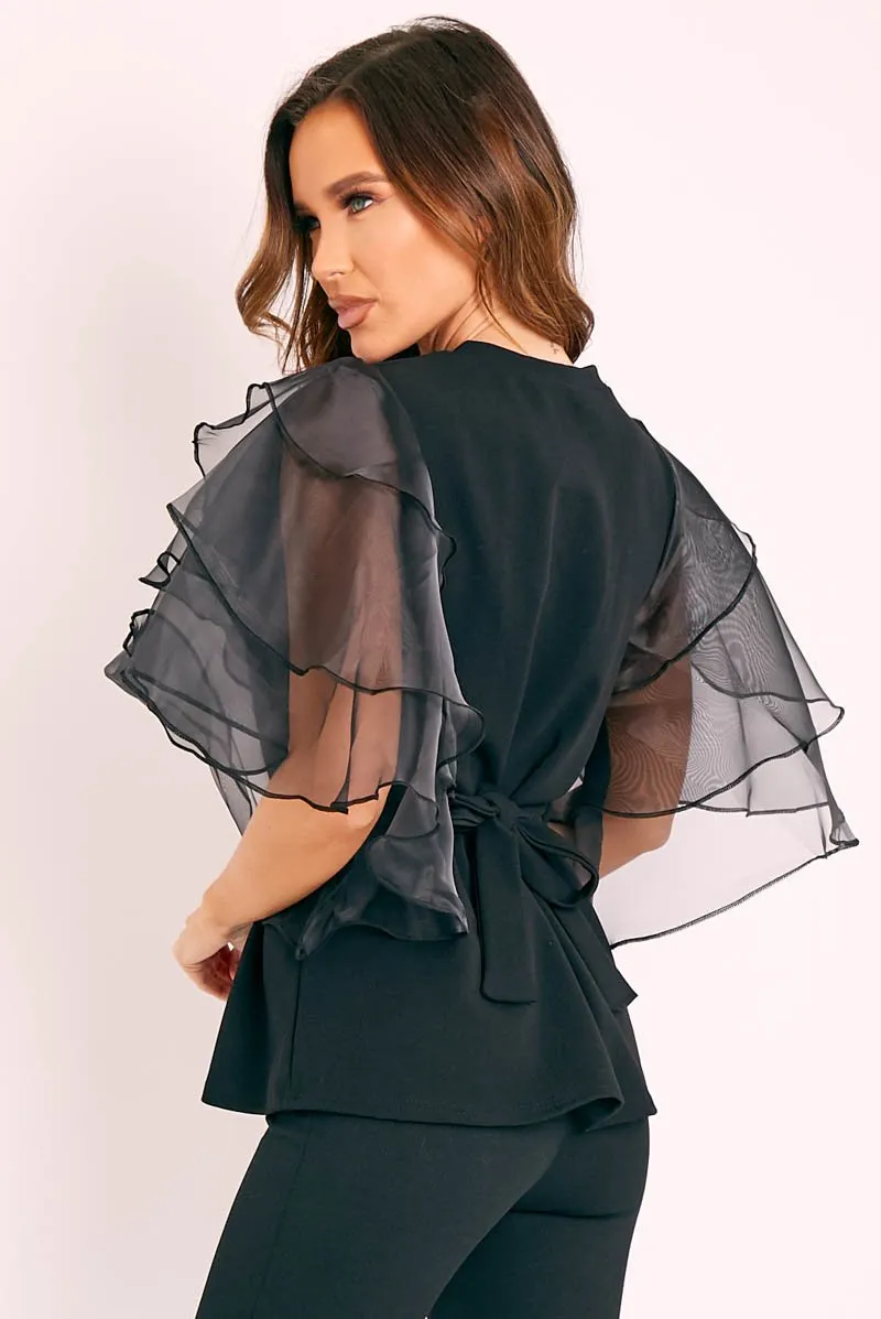 Black Tiered Sleeve Belted Waist Top - Ellise