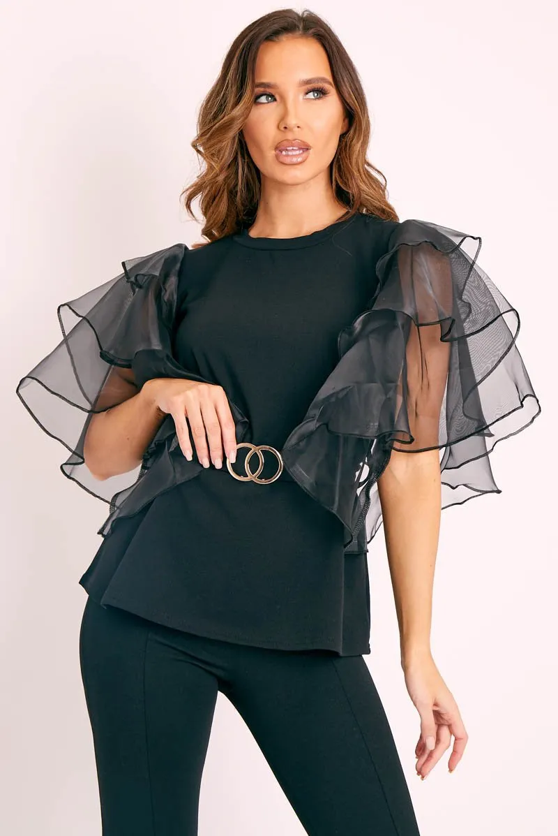 Black Tiered Sleeve Belted Waist Top - Ellise