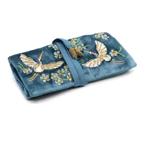 Blue velvet embroidered crane jewellery roll