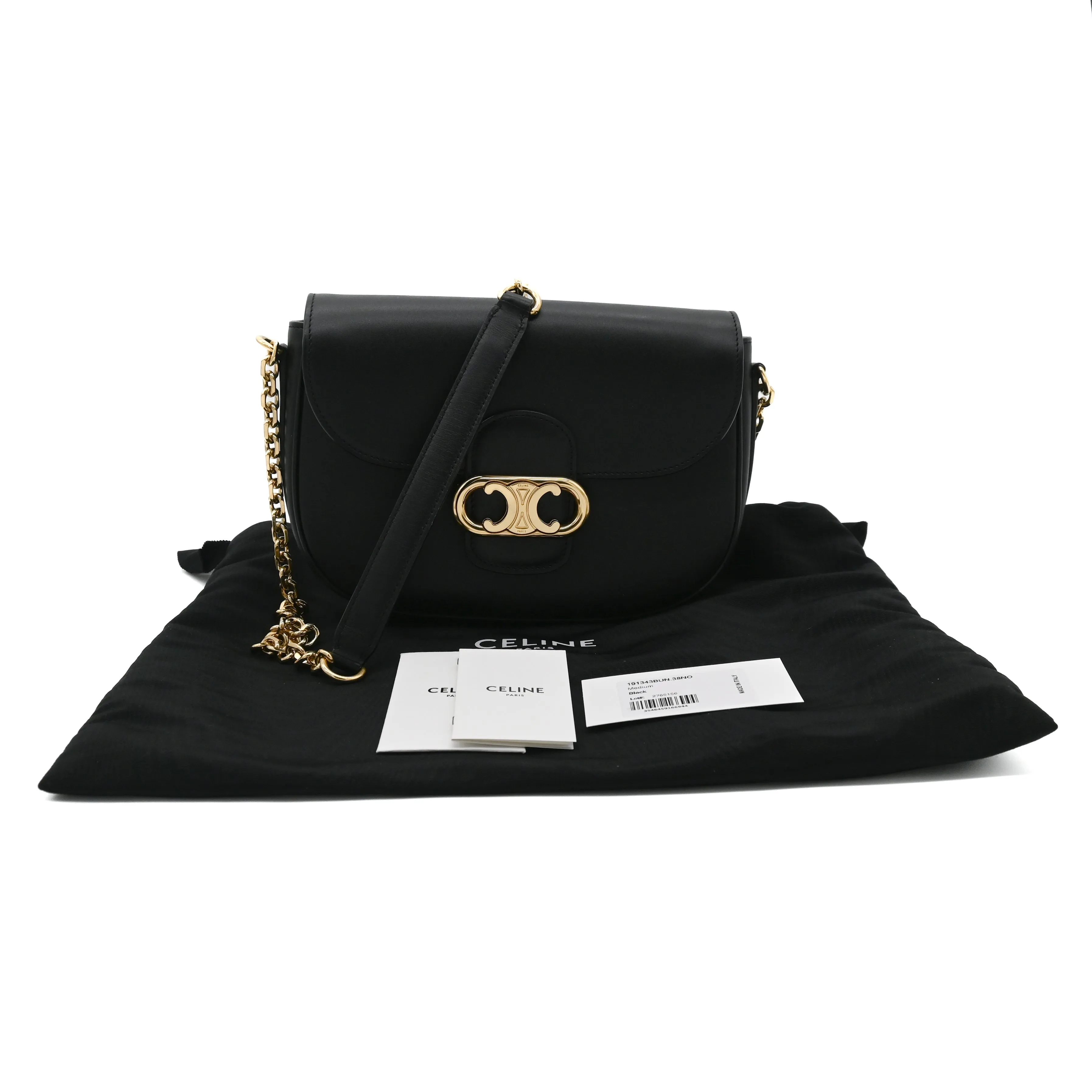 Celine Medium Chain Maillon Chain Triomphe Bag in Black Shiny Calfskin