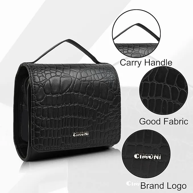 CIMONI Genuine Leather Classic Makeup Pouch Cosmetic Organizer Travel Organiser Toiletry Bag Carry Case Portable Cube Purse Pouch for Women