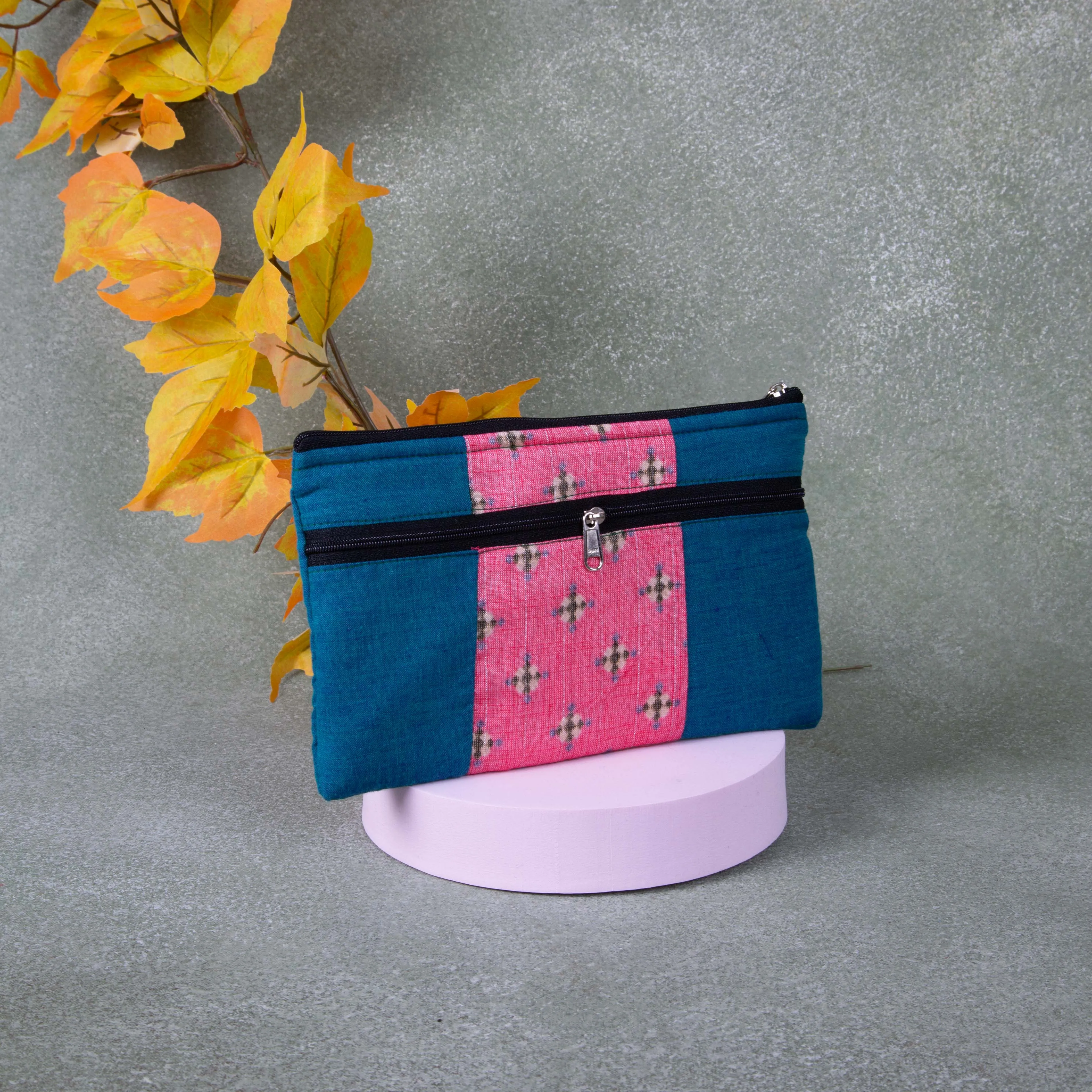 Cotton Multizip Purse Blue with Pink Colour Design