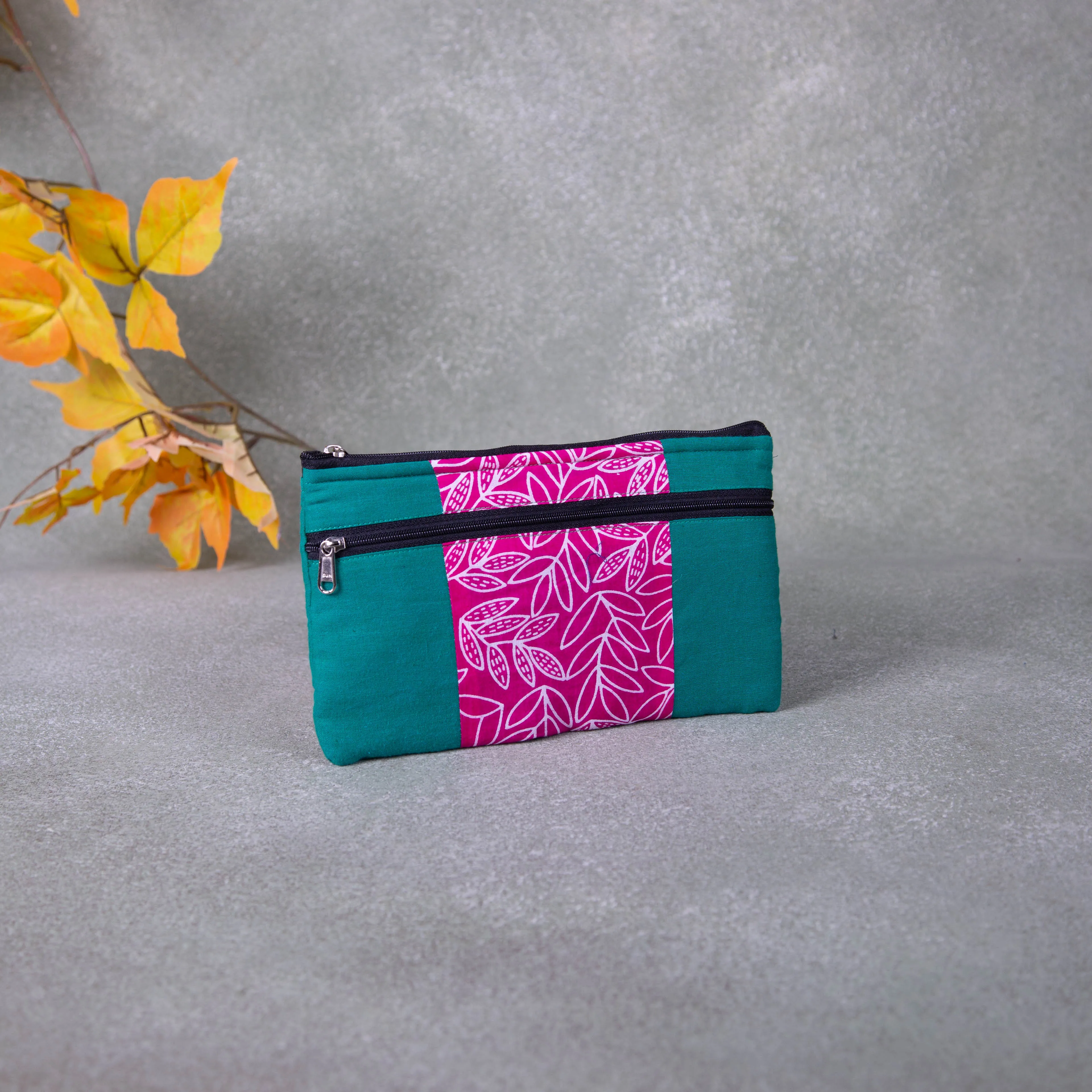 Cotton Multizip Purse Green with Pink with White Leaf Prints.