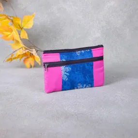 Cotton Multizip Purse Pink with Blue Prints