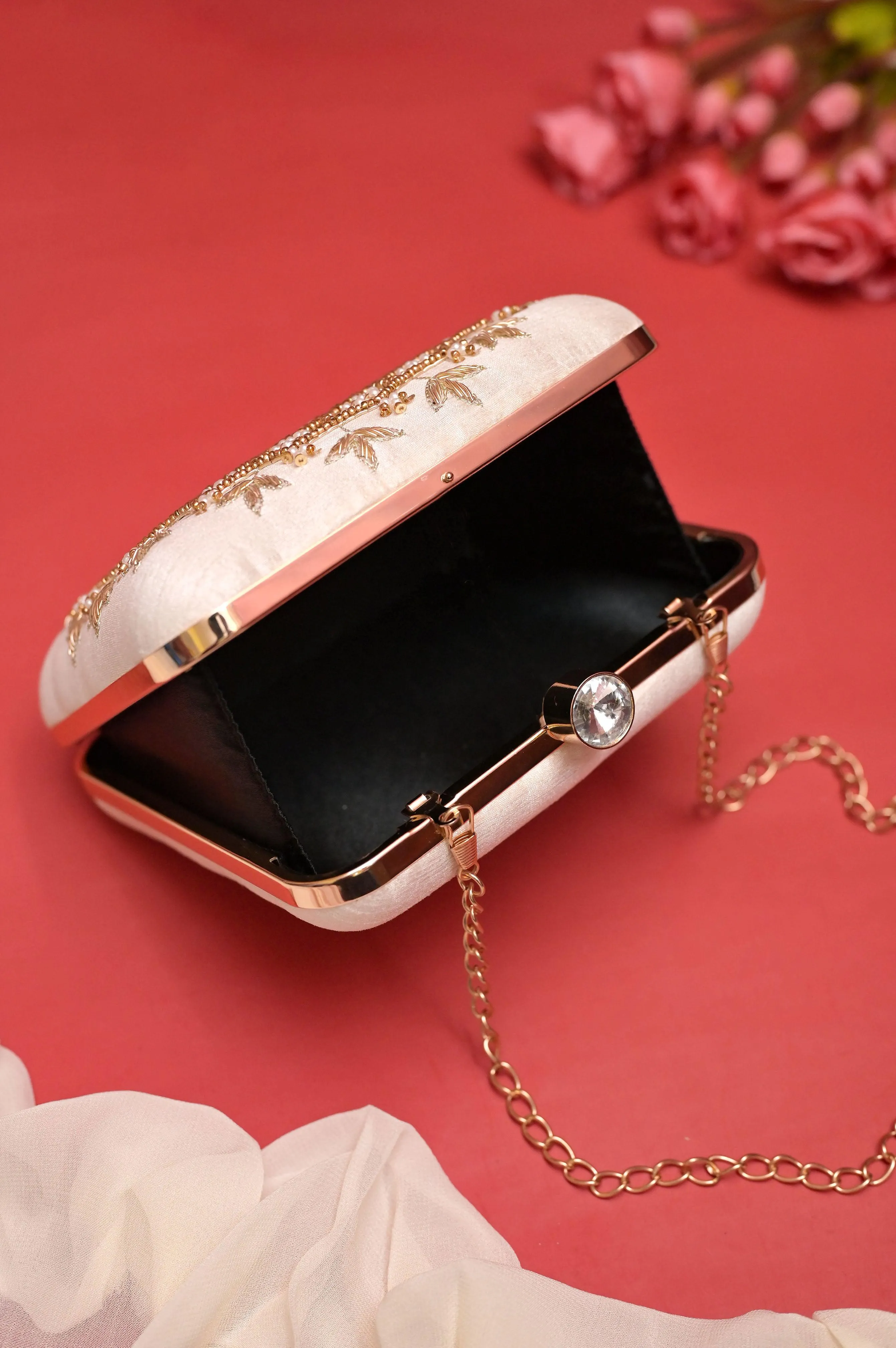 Cream White Color Box Clutch Bag with Zari and Pearl Embroidery