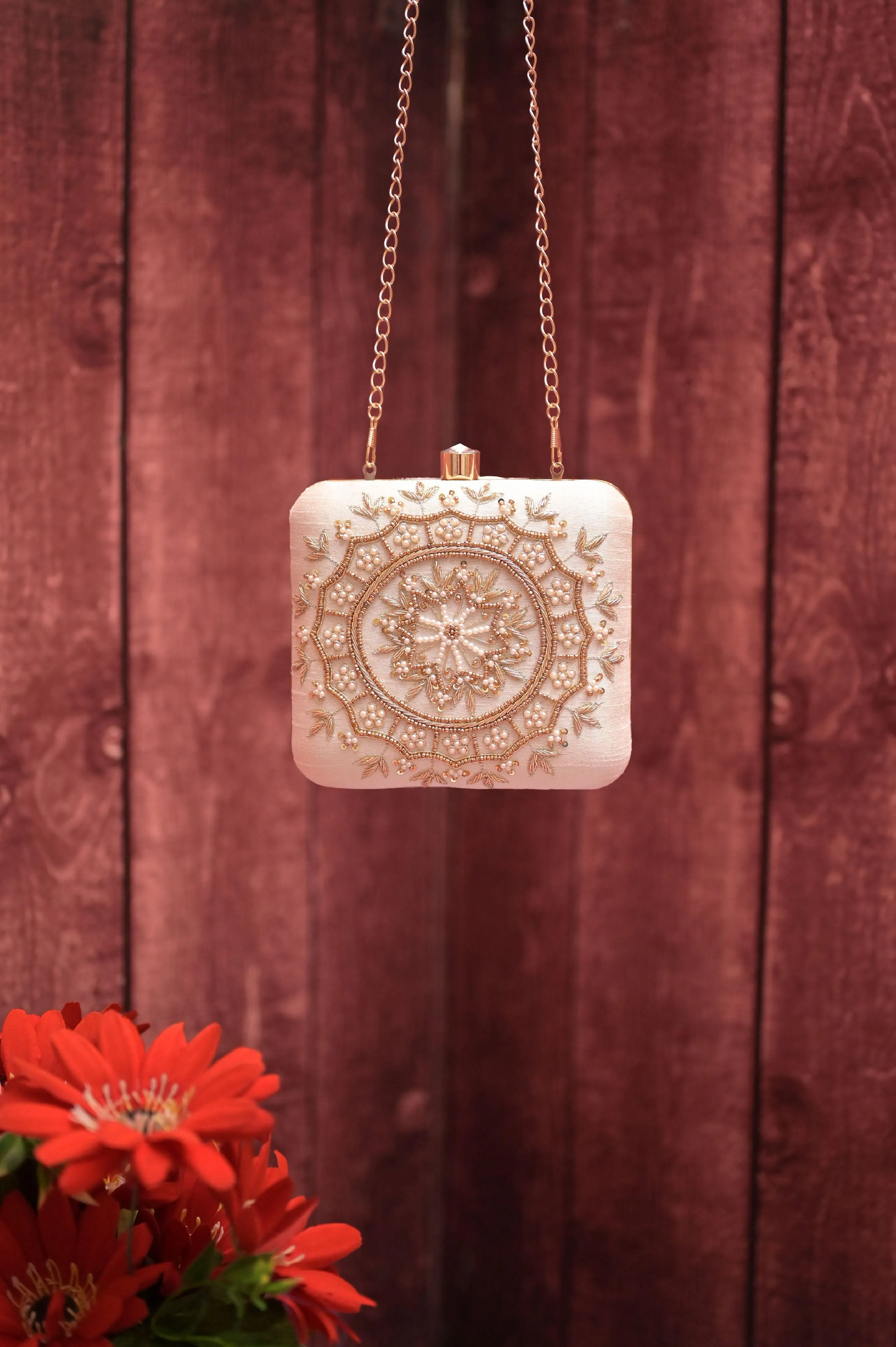 Cream White Color Box Clutch Bag with Zari and Pearl Embroidery