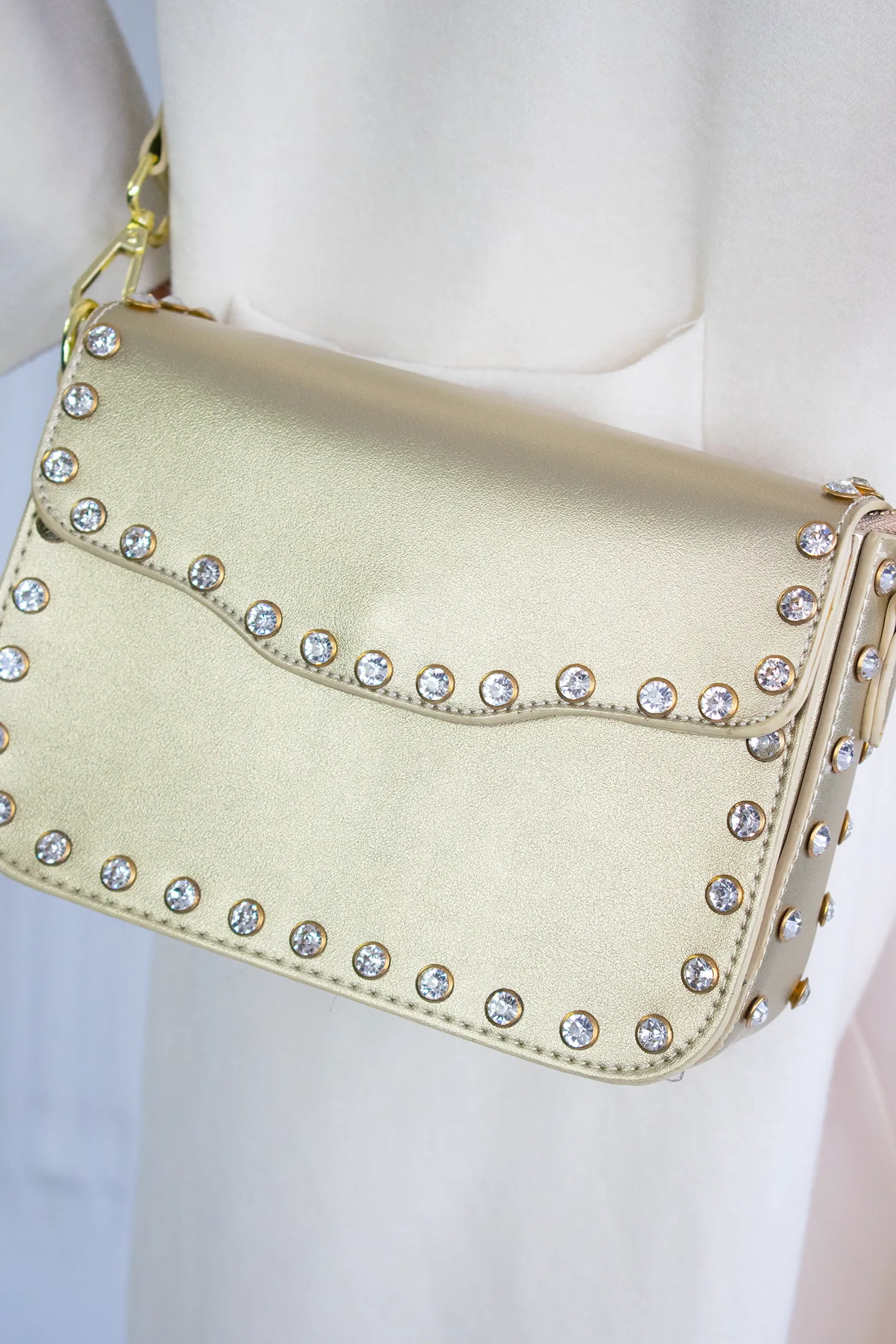 Cross Body Studded Diamante Edge Bag in Gold