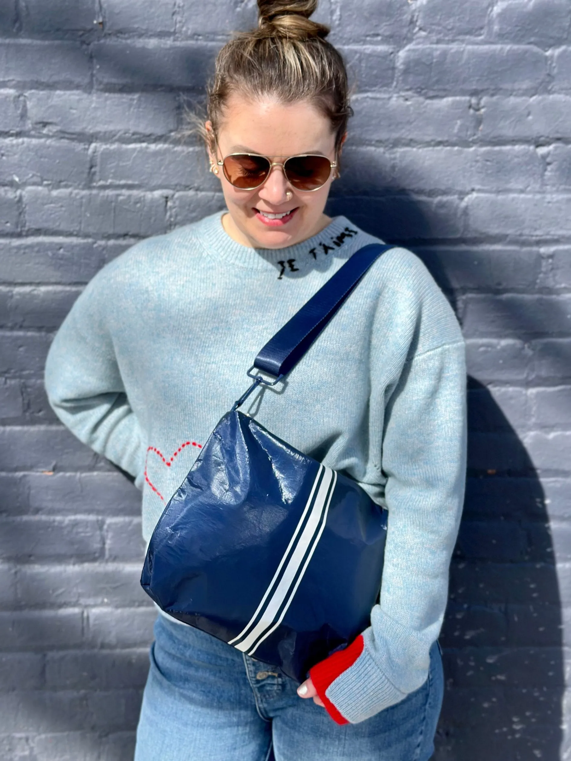 Crossbody Purse in Shimmer Navy Blue with White Stripes