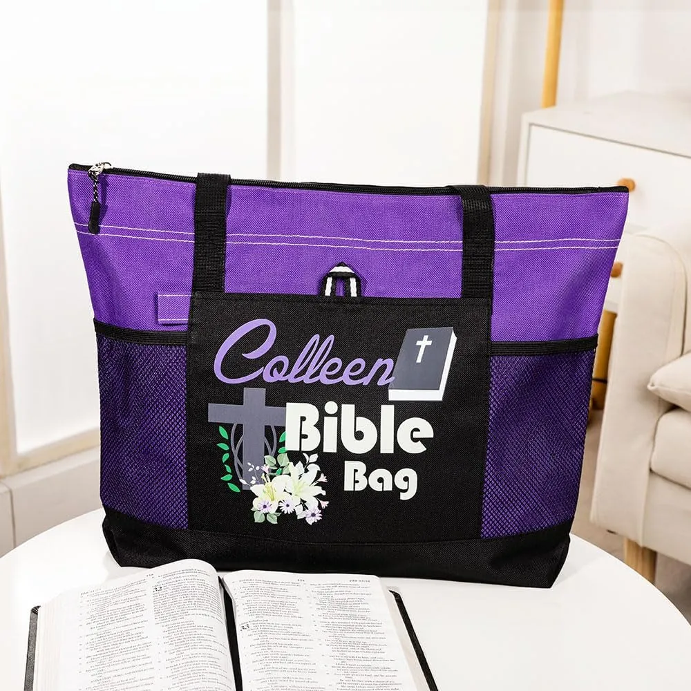 Custom Name Christian Tote Bags Bible Bag with Flower Faith Bag Church Tote Bag Christian Gifts for Girls Women Personalized Religious Tote Bag for Her Bible Tote Bag Religious Canvas Bag