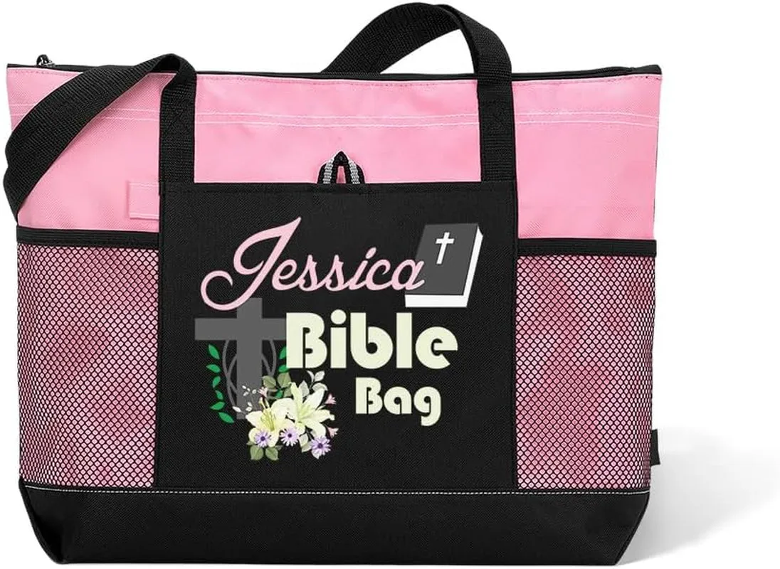 Custom Name Christian Tote Bags Bible Bag with Flower Faith Bag Church Tote Bag Christian Gifts for Girls Women Personalized Religious Tote Bag for Her Bible Tote Bag Religious Canvas Bag