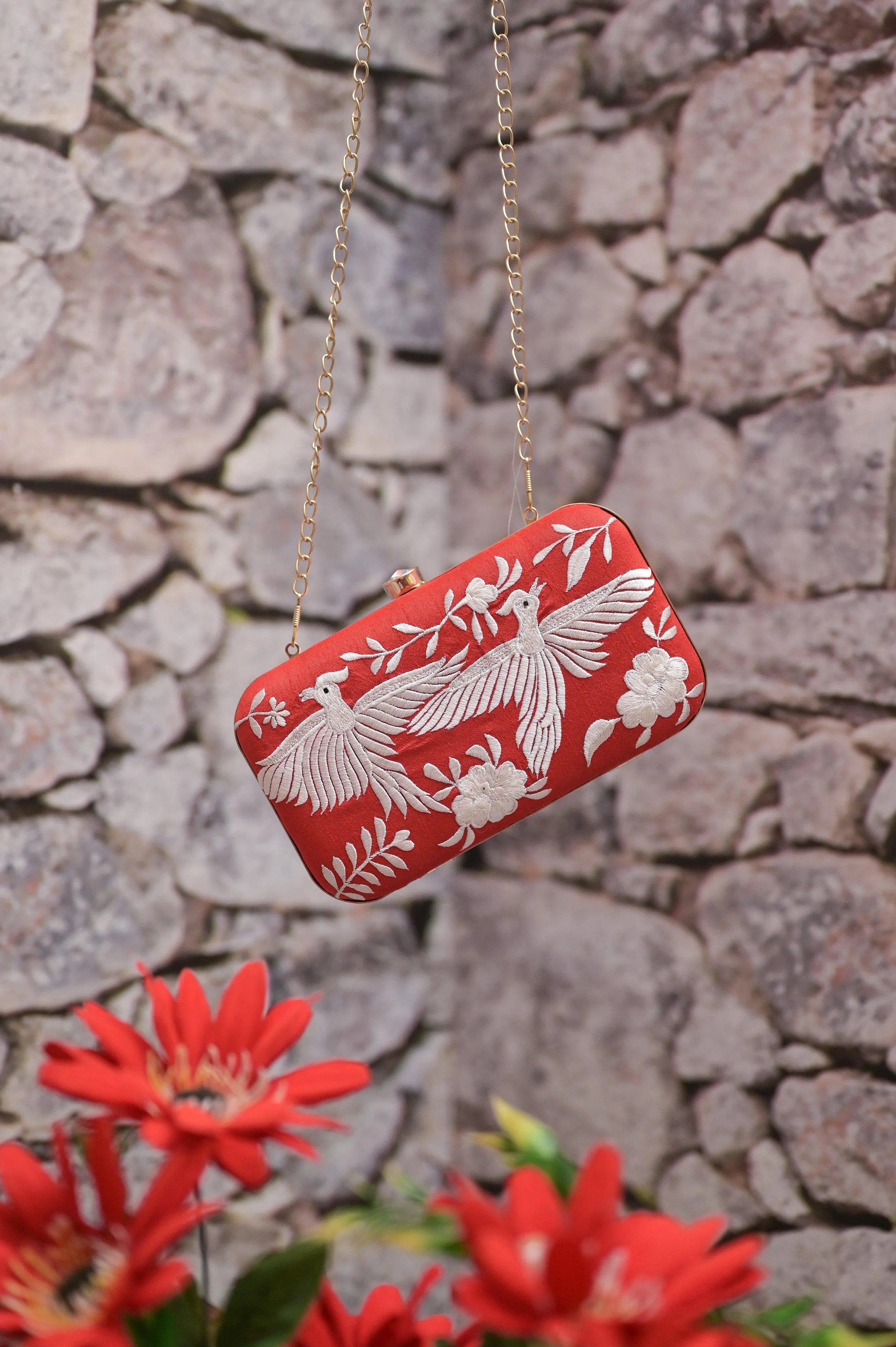 Deep Red Color Clutch Bag with Parsi Gara Hand Embroidery