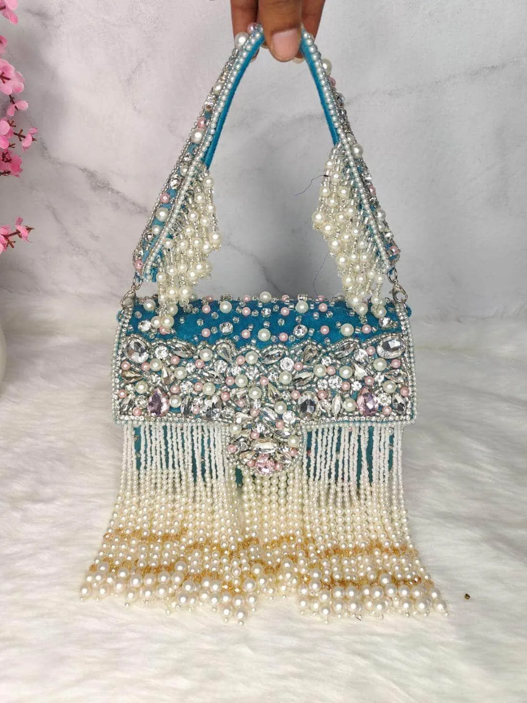 Designer Crystal And Pearl Work Flap Clutch