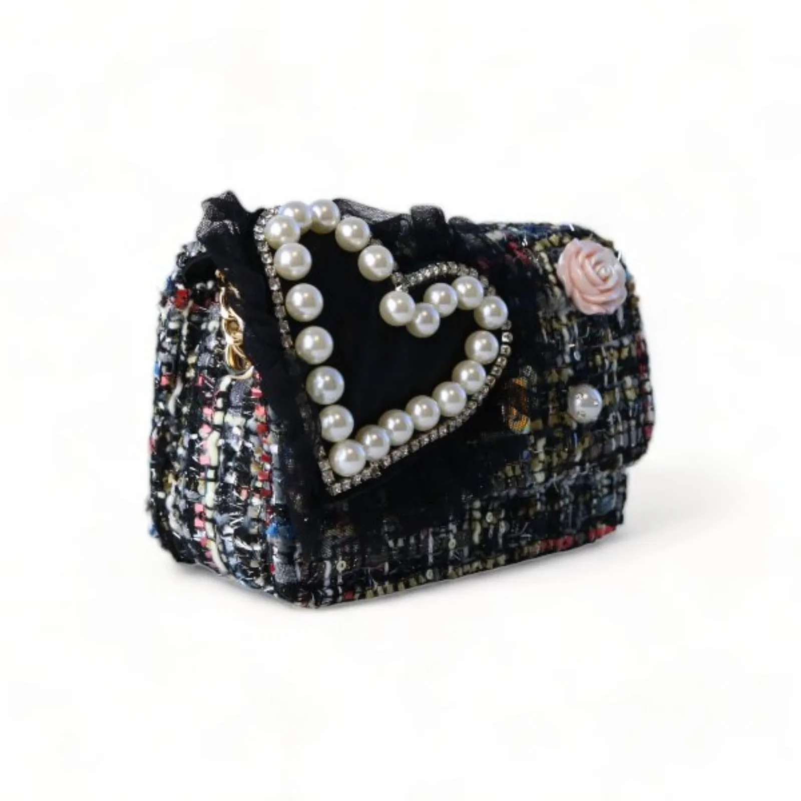 Doe a Dear Black Big Heart Tweed Little Girls Purse