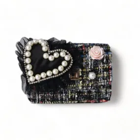 Doe a Dear Black Big Heart Tweed Little Girls Purse