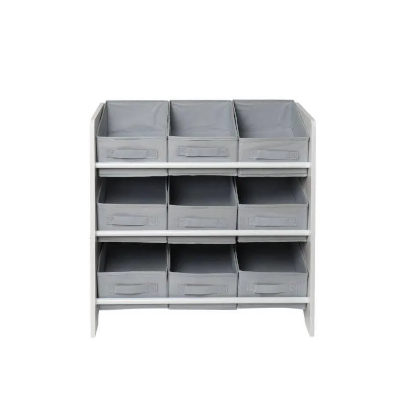 Dreeba Kids Toy Organizer 9 Foldable Fabric Bins with Sturdy Frame Easy to Assemble and Disassemble Large Storage Space Made of High Quality Wood Material - Grey