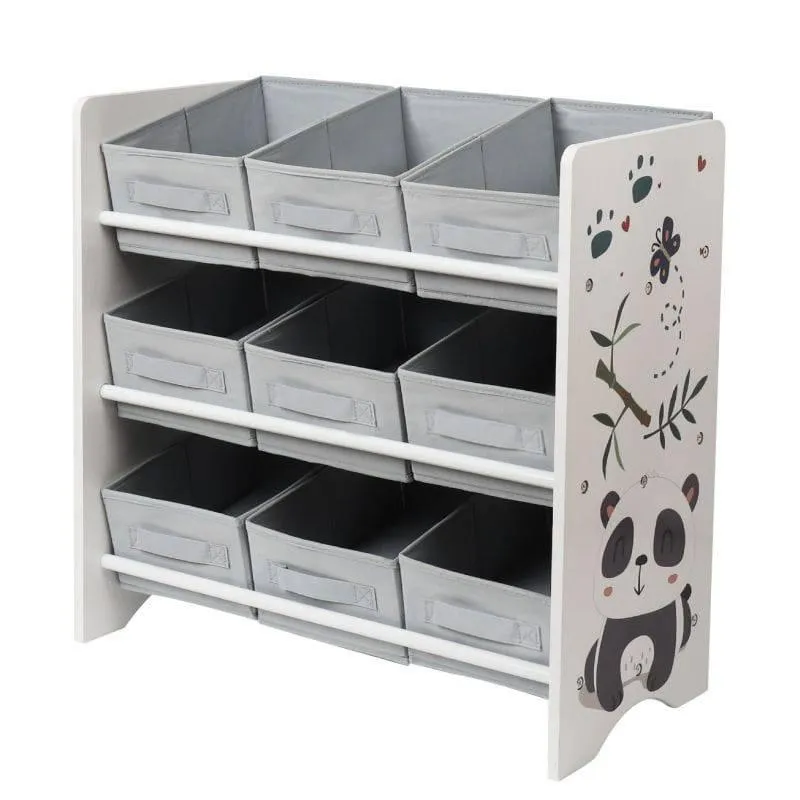 Dreeba Kids Toy Organizer 9 Foldable Fabric Bins with Sturdy Frame Easy to Assemble and Disassemble Large Storage Space Made of High Quality Wood Material - Grey