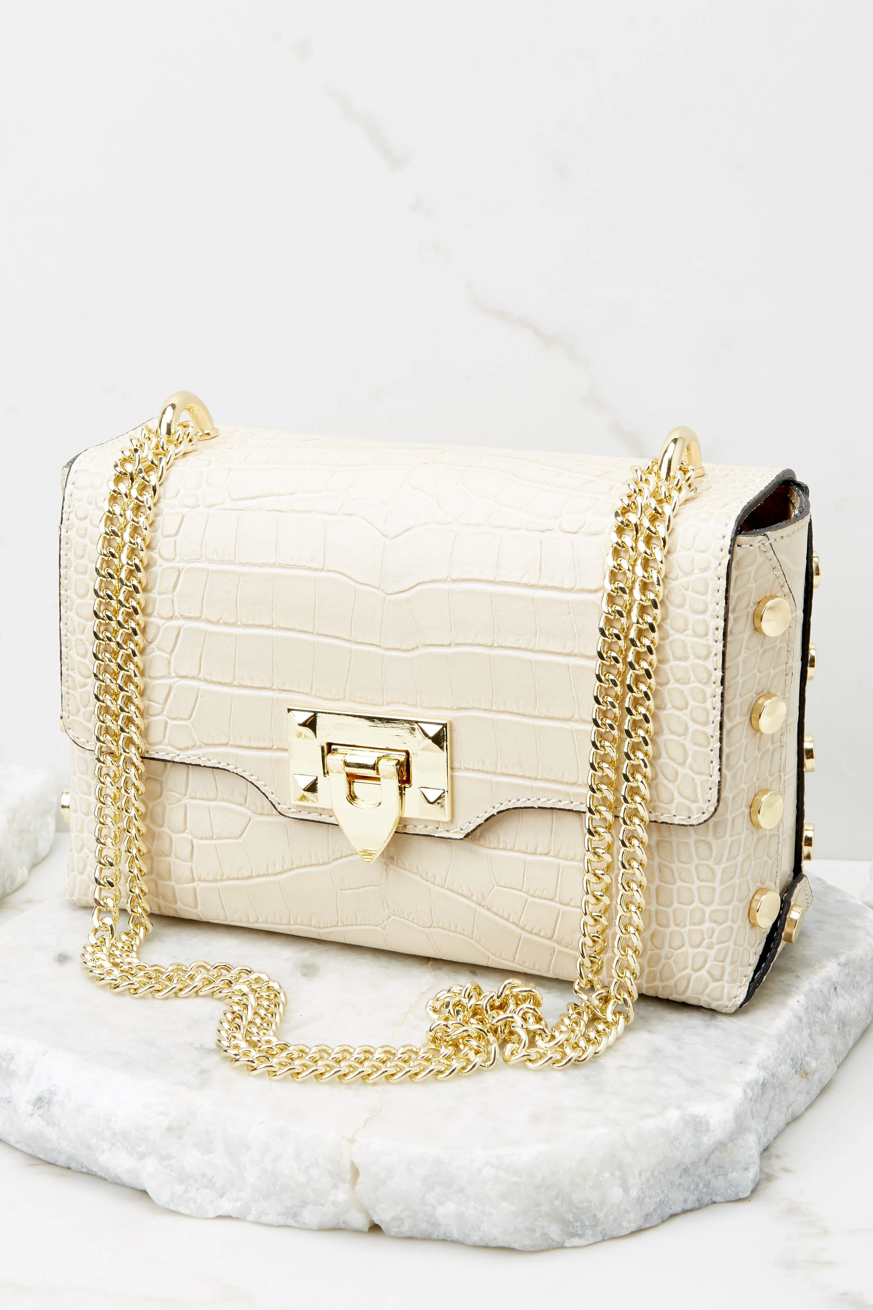 Embellished Edge Cream Snake Print Studded Bag