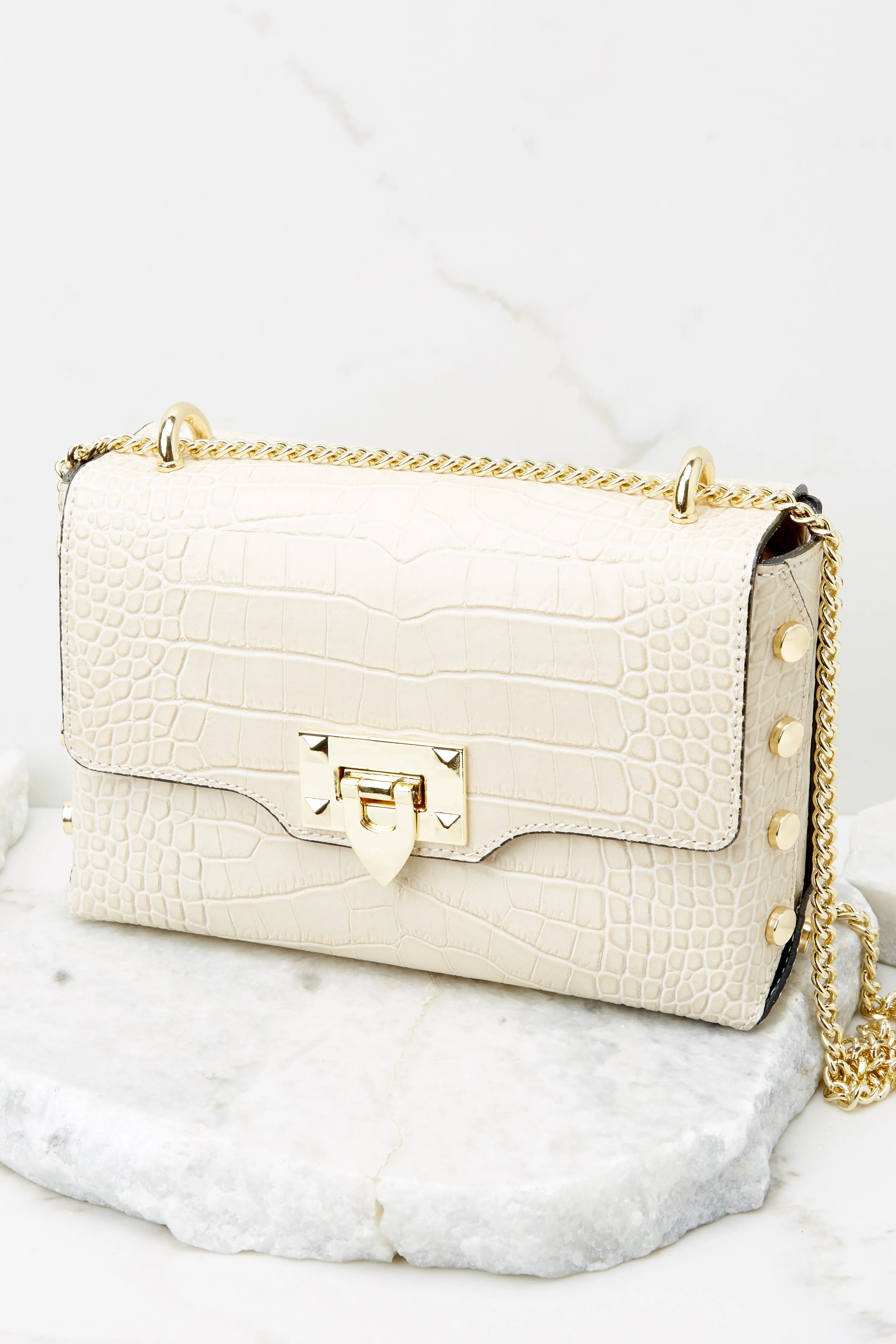 Embellished Edge Cream Snake Print Studded Bag