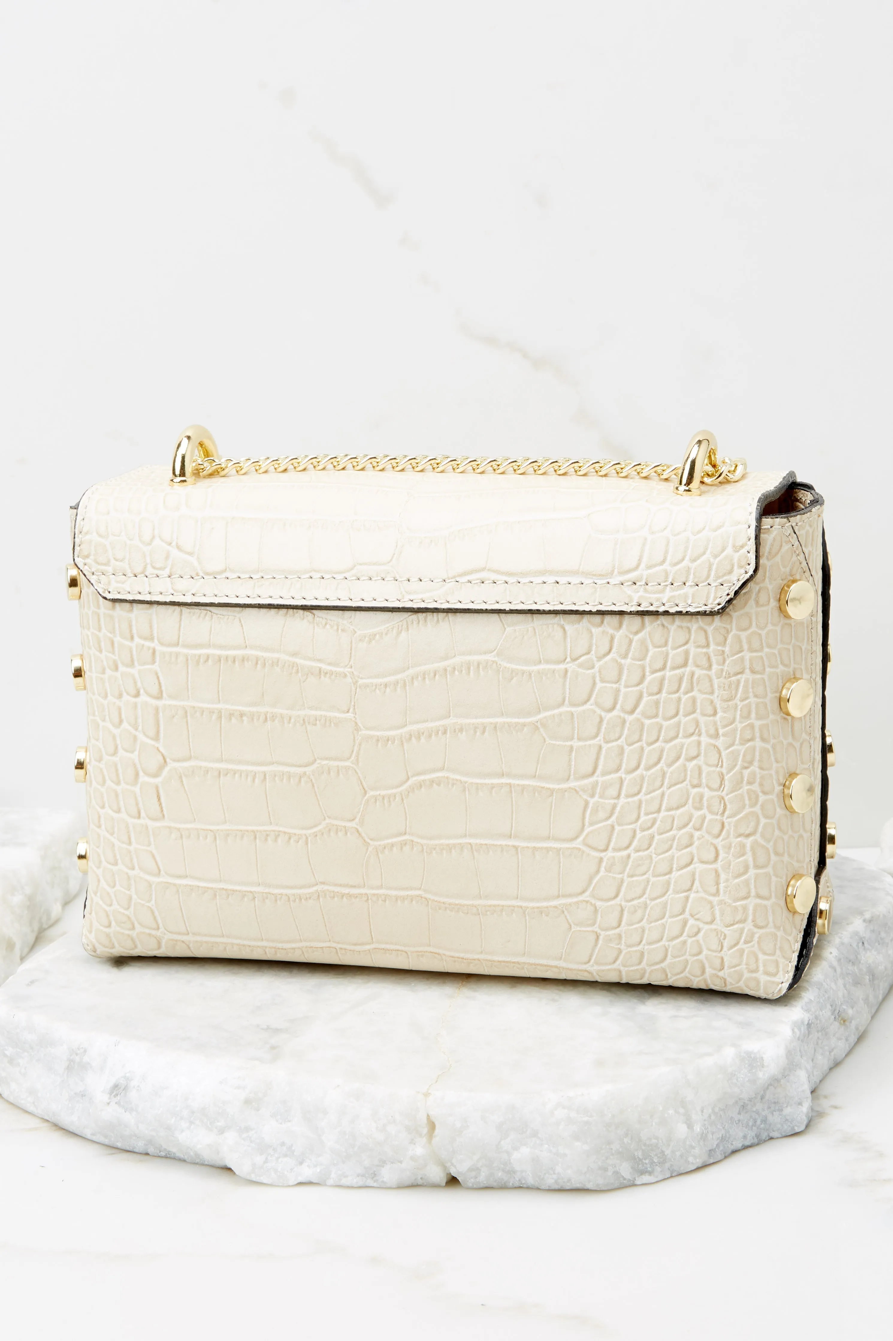 Embellished Edge Cream Snake Print Studded Bag