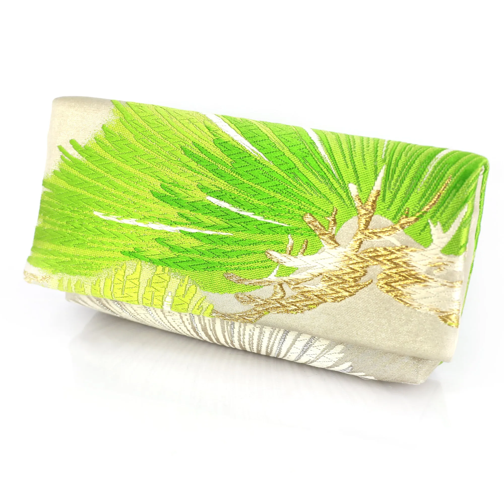 Envelope Clutch Bag with Pine in Green on Silver | Upcycled Kimono Obi Silk