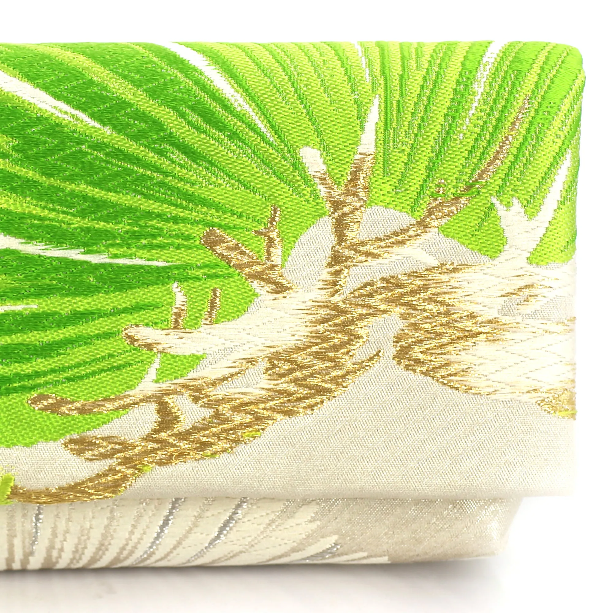 Envelope Clutch Bag with Pine in Green on Silver | Upcycled Kimono Obi Silk