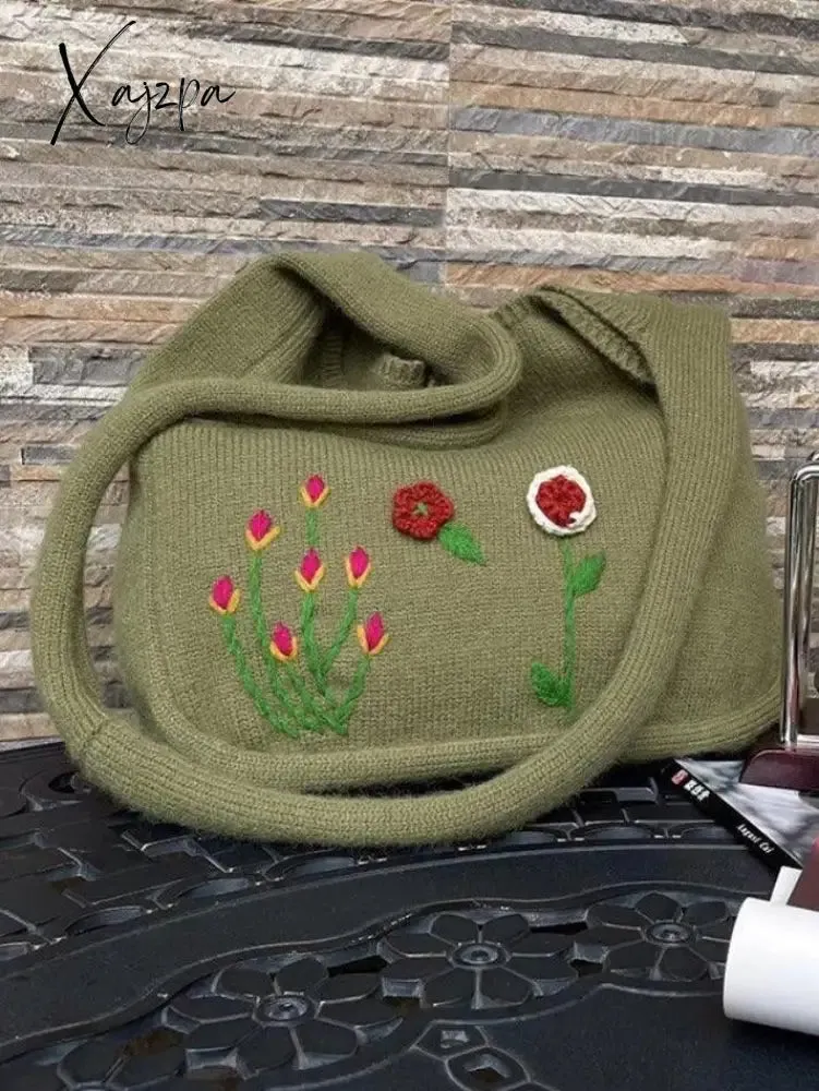 Ethnic Floral Embroidery Knitted Shopper Bag