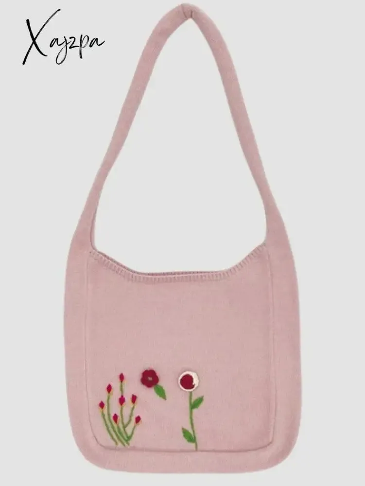 Ethnic Floral Embroidery Knitted Shopper Bag