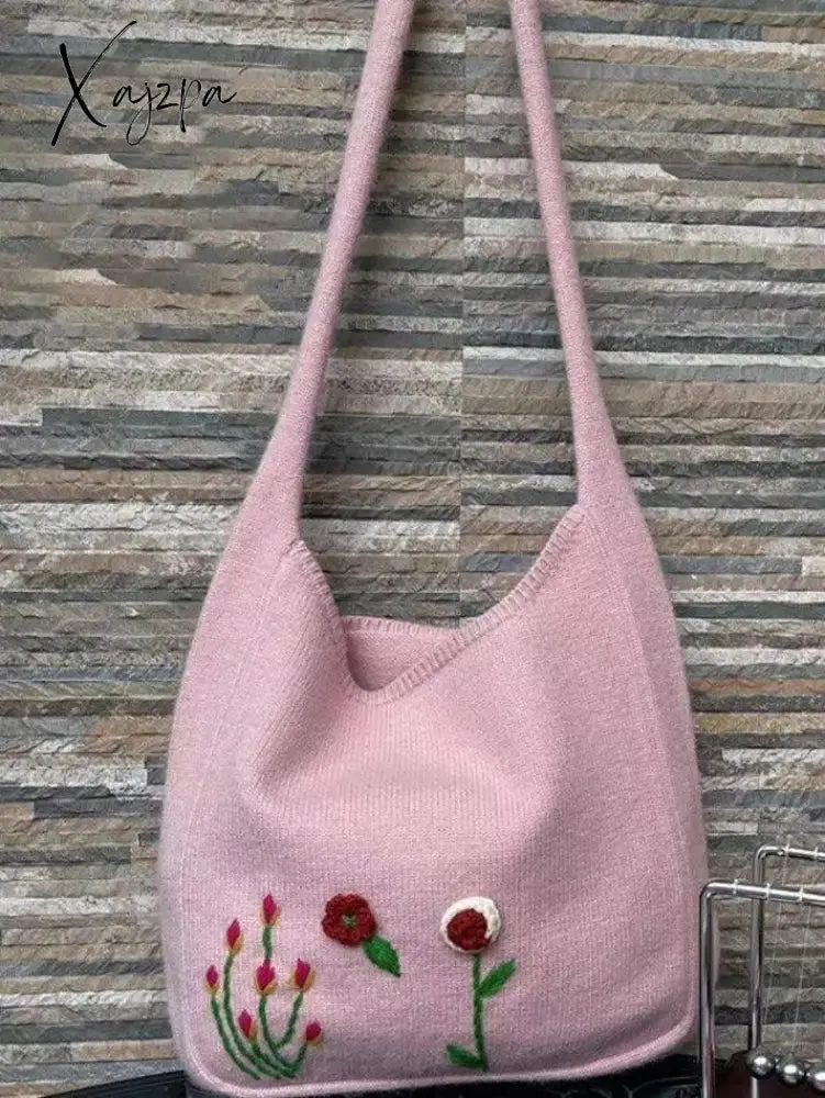 Ethnic Floral Embroidery Knitted Shopper Bag