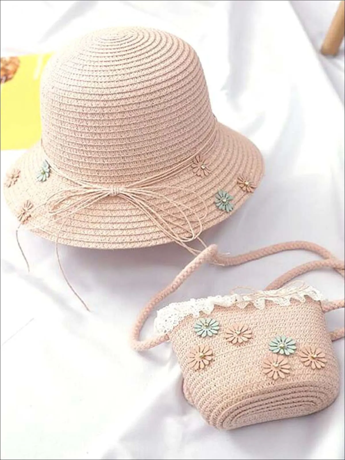 Girls Flower Embellished Straw Hat With Matching Purse