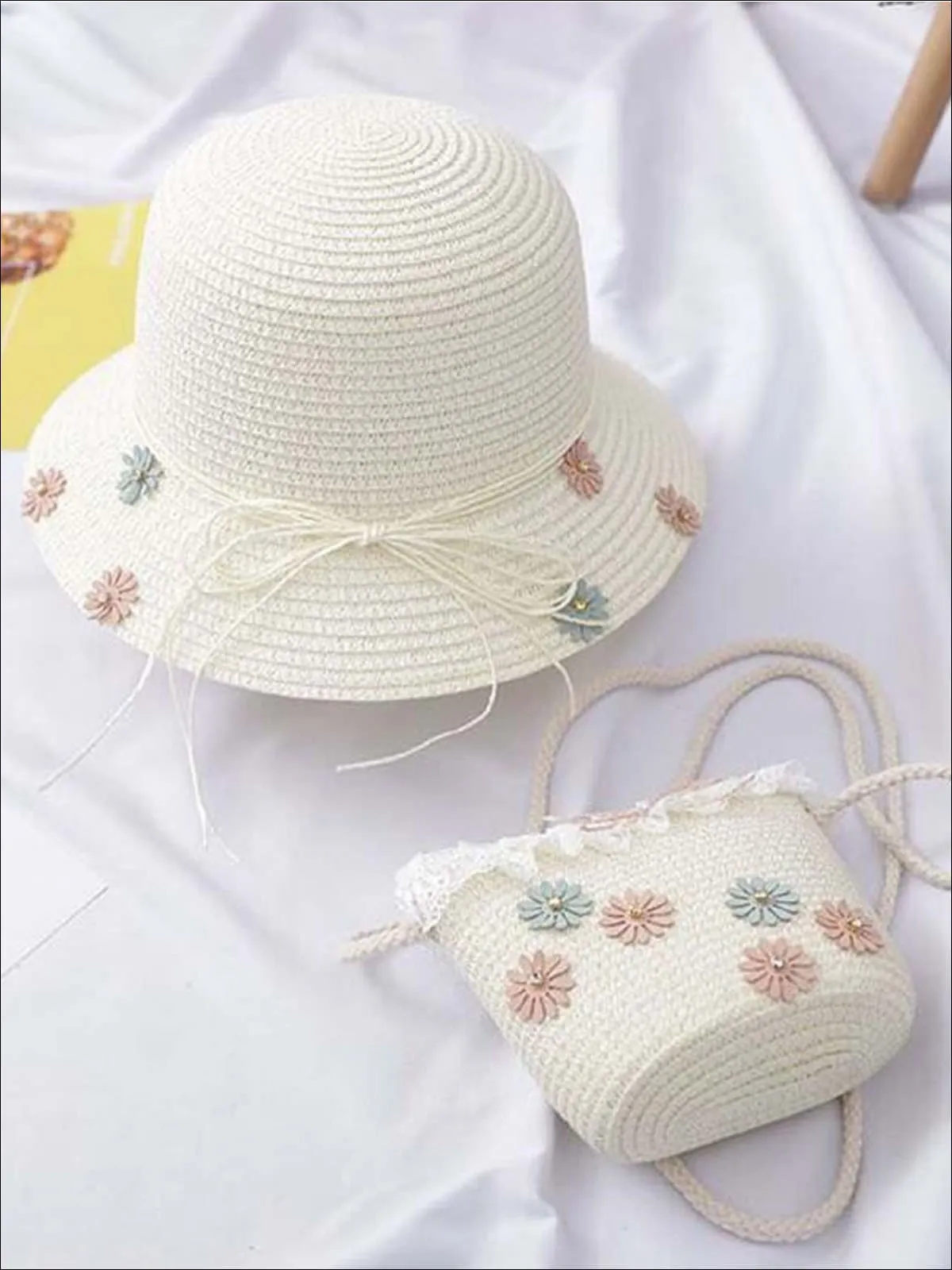 Girls Flower Embellished Straw Hat With Matching Purse