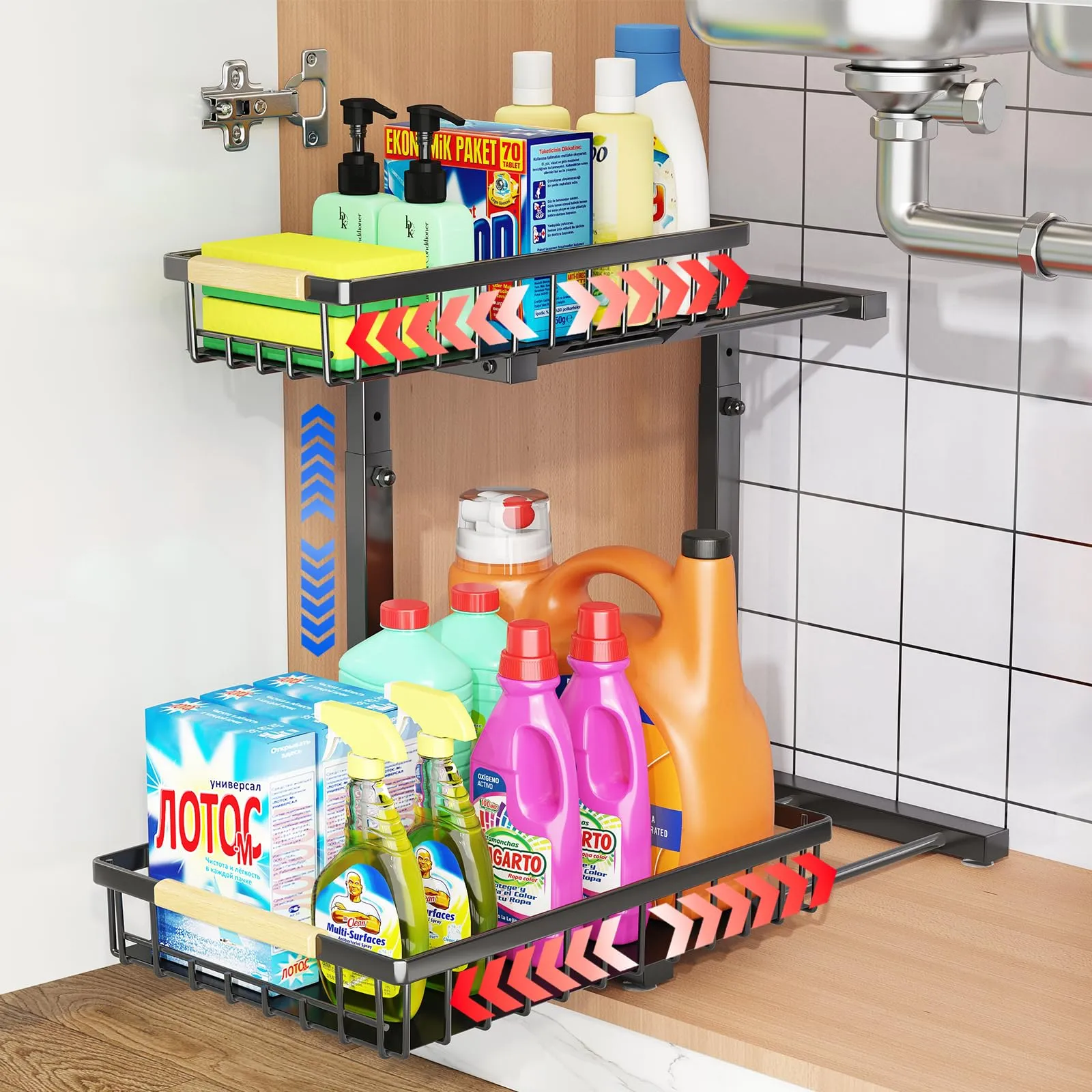 Godboat Under Sink Organizer and Storage, 2 Tier Pull Out Cabinet Organizer Slide Out Sink Shelf Cabinet Storage Shelves, Under Sink Storage for Kitchen Bathroom Cabinet